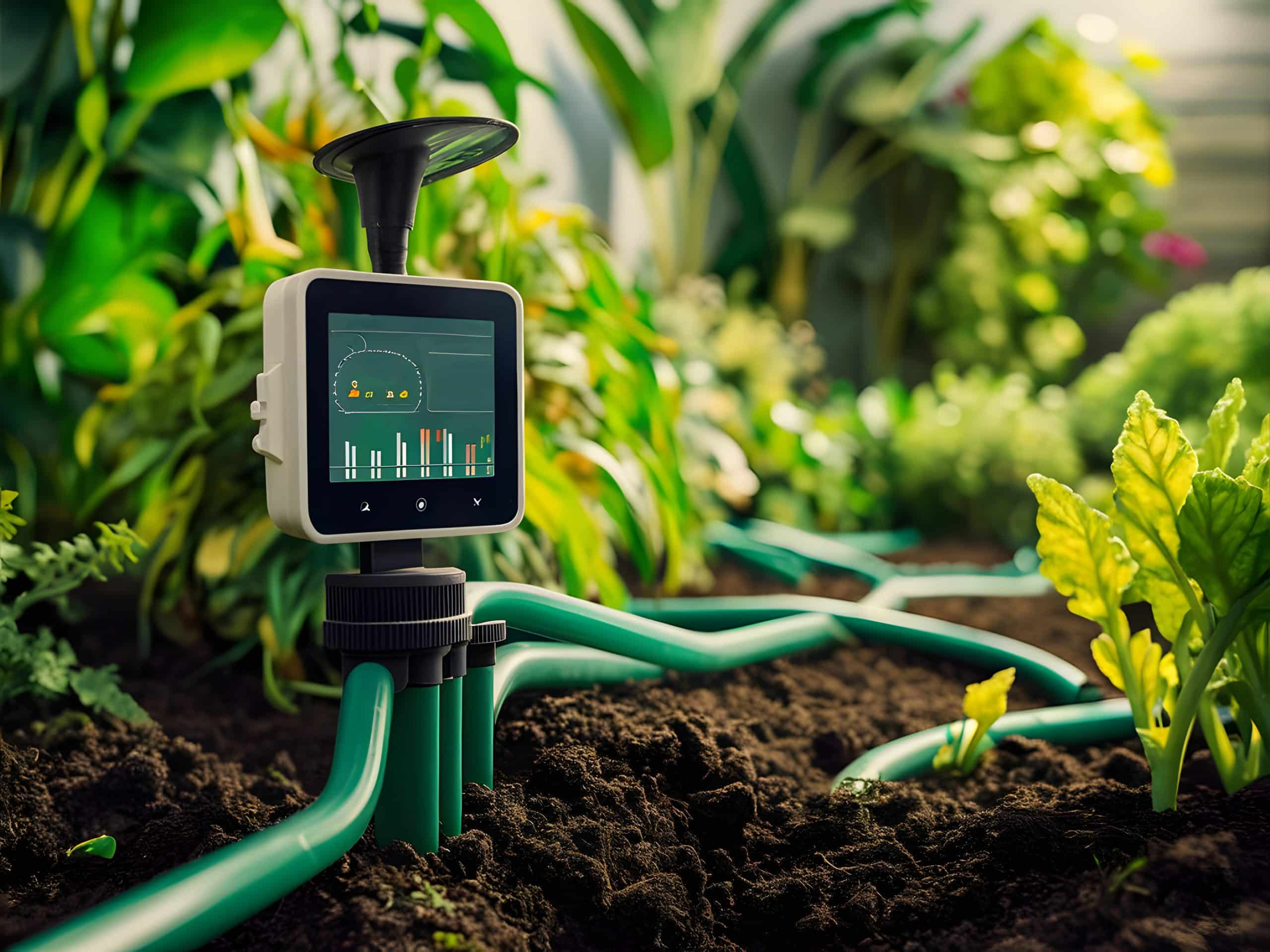 Smart irrigation sensor and controller installed among drip lines in a UAE field